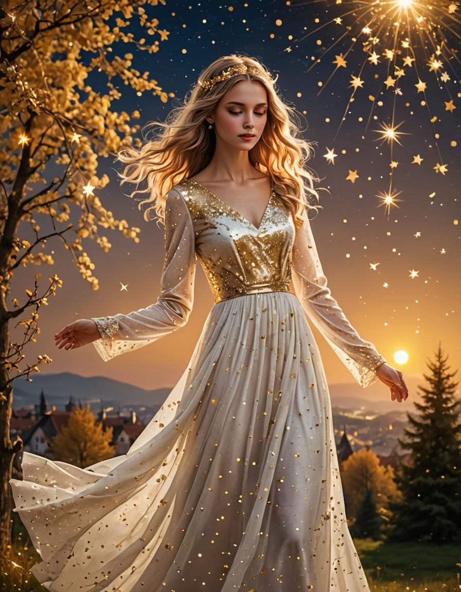 Magical Sunset: Angel with Golden Stars in Fantasy Sky
