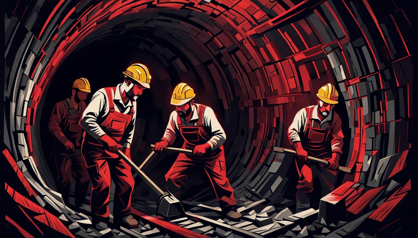Miners in Coal Mine: Linocut in Red and Black
