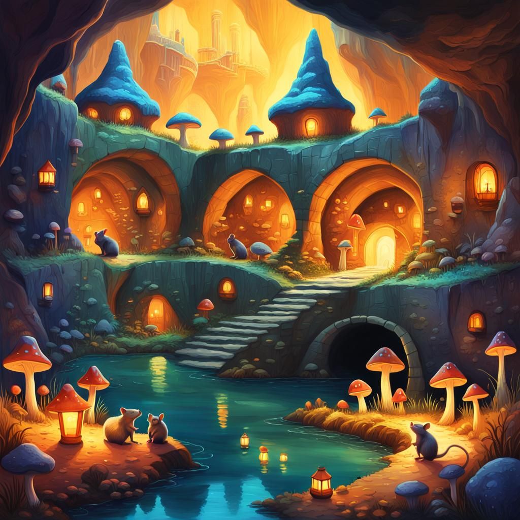Underground City Concept Art with Glowing Lanterns