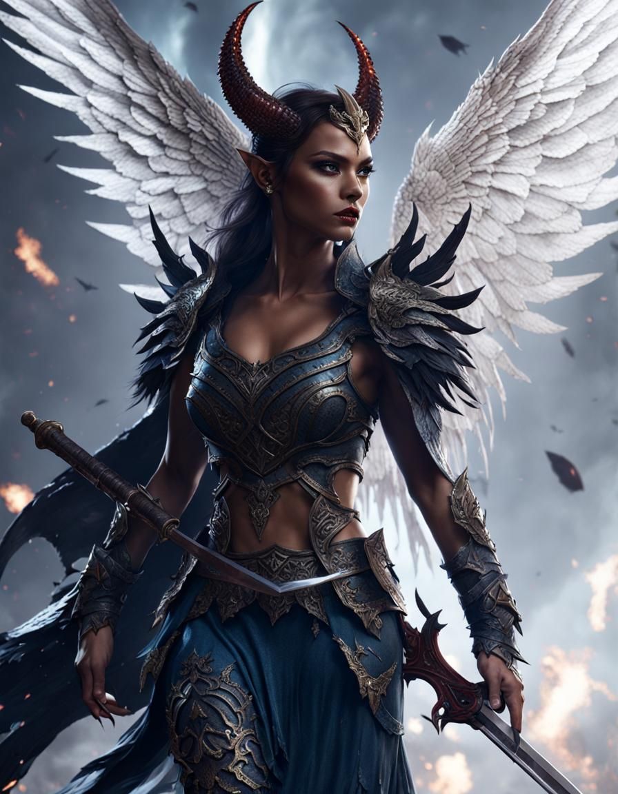 Demon Warrior Woman with Sword, Dark Fantasy Art