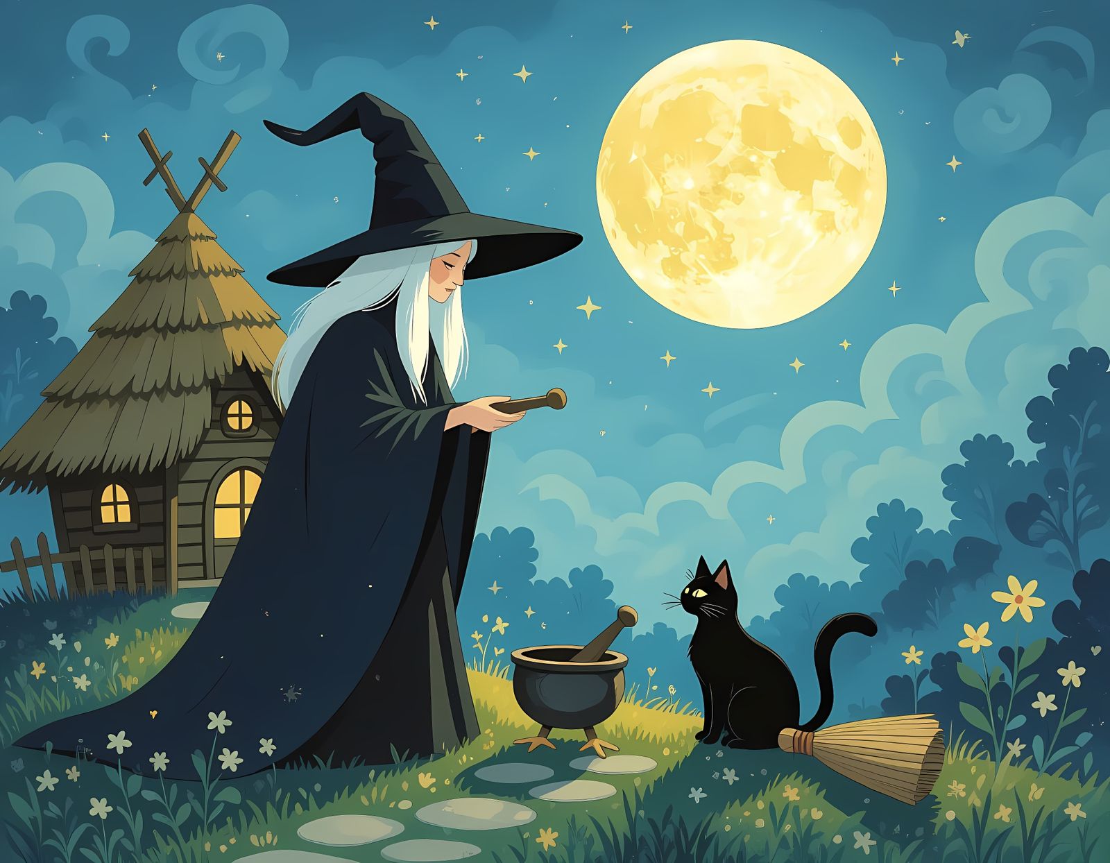 Baba Yaga and Black Cat in Fairy-Tale Landscape