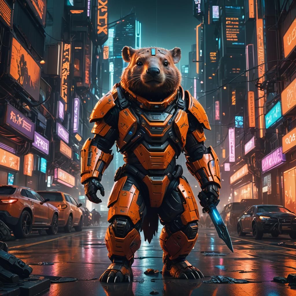 Cyberpunk Wombat Warrior in Neon Cityscape