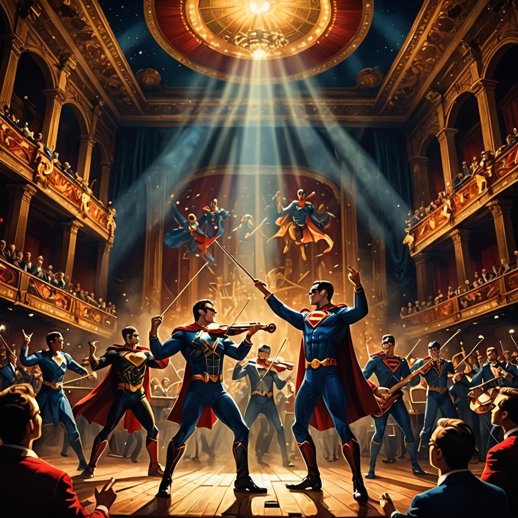Superheroes' Orchestral Performance in Grand Theater