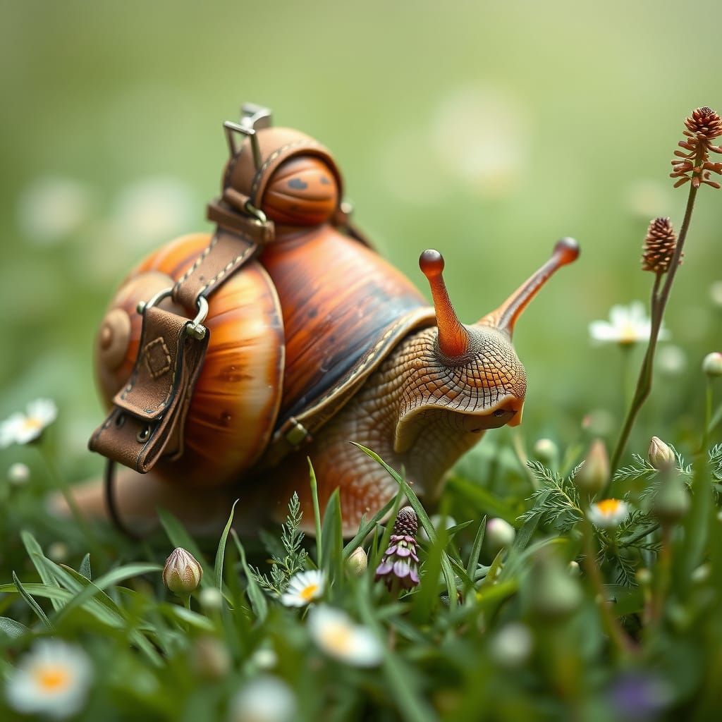 Curious Snail Exploring Meadow, in Beatrix Potter Style