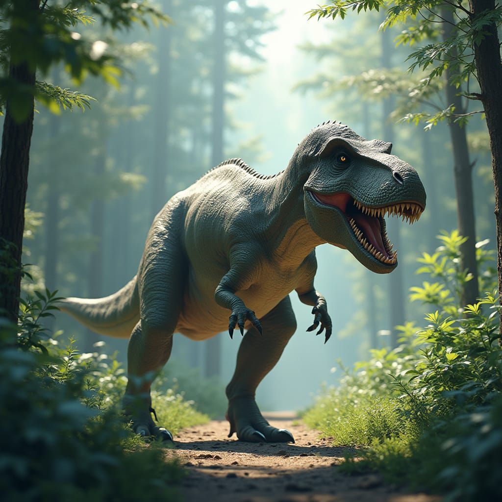 Tyrannosaurus Rex Roams Lush Forest in Realistic 8K Environm...