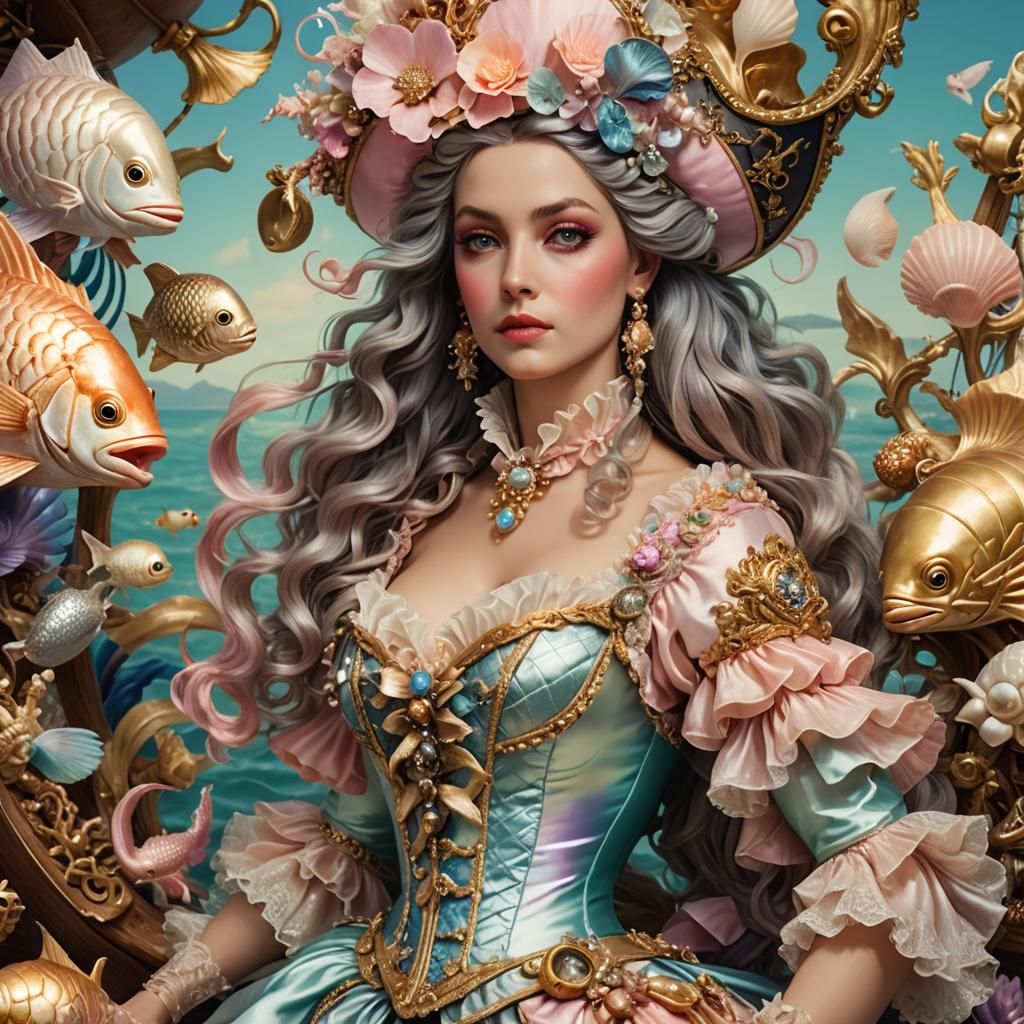 Rococo Pirate with Mermaid Outfit in Pastel Hues
