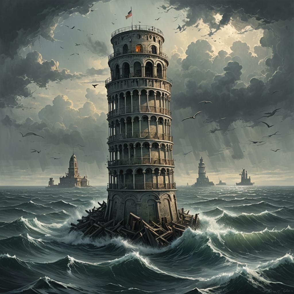 Sinister Leaning Tower in the Sea