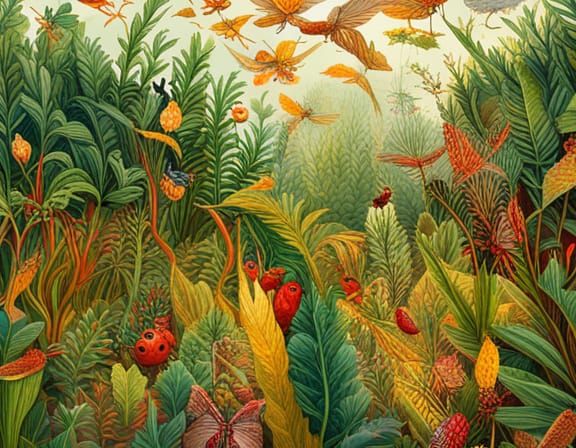 Lush Field Illustration with Insects and Birds