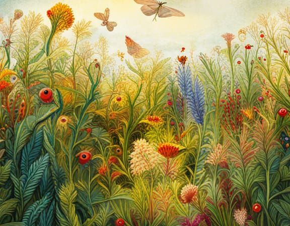 Lush Field with Insects and Birds Illustration