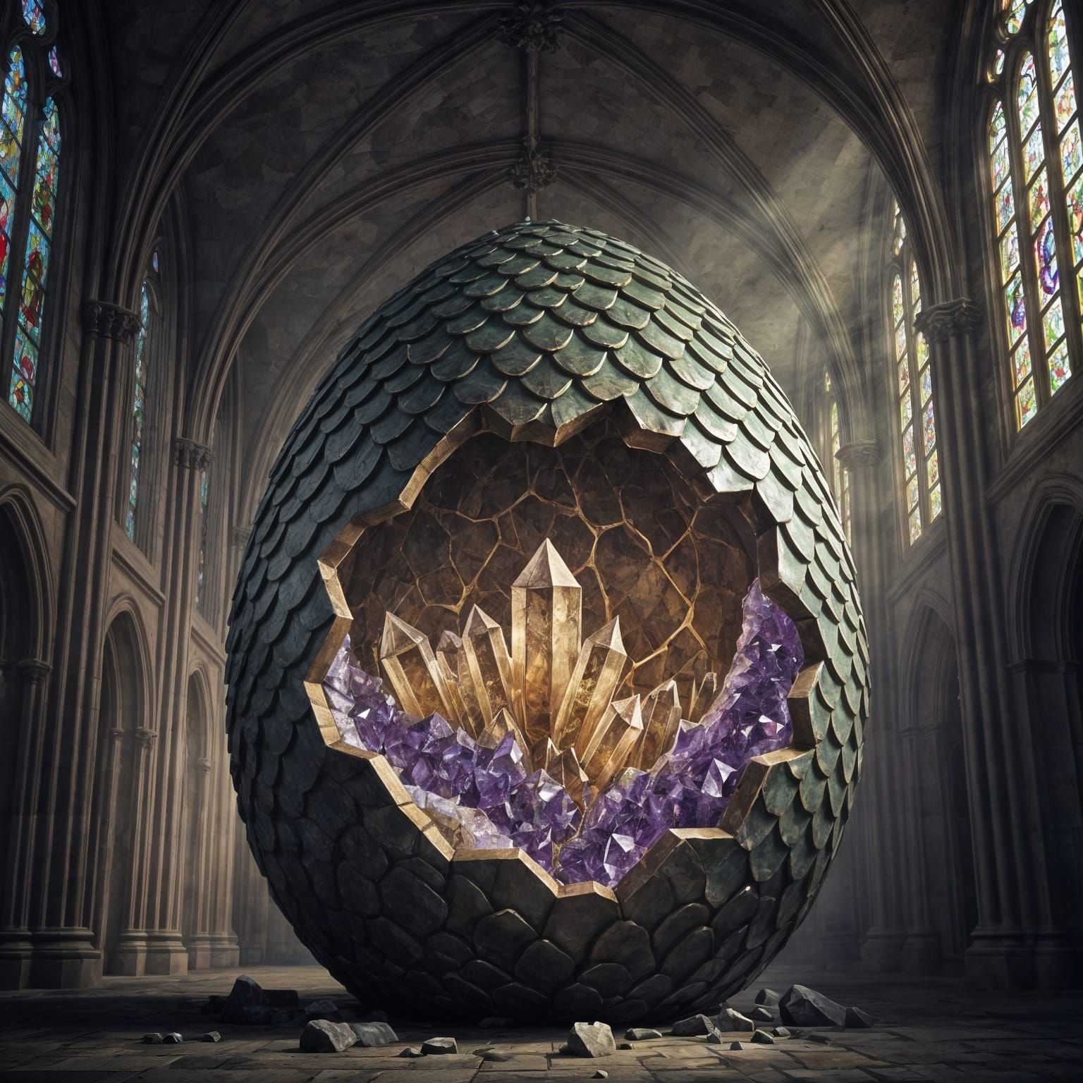 Cracked Dragon Egg Cathedral in Fantasy Realism Style
