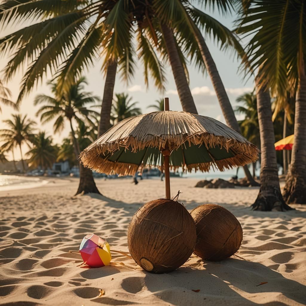 Tropical Beach Sunset with Coconut: Cinematic Film Still