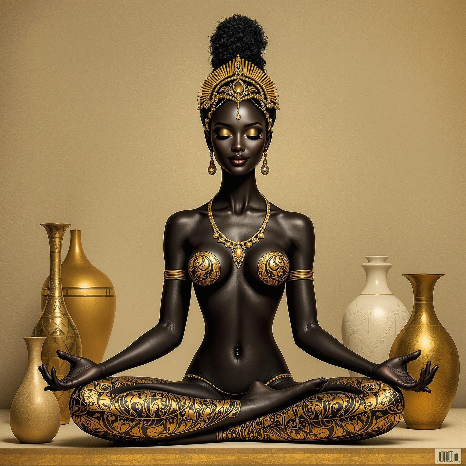 Golden Woman Meditating in Art Nouveau Style
