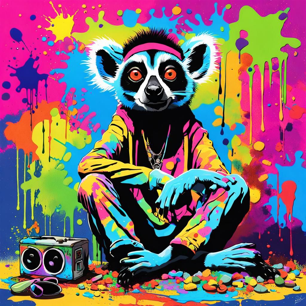 Hippy Lemur in Messy Room: Graffiti Splash Art