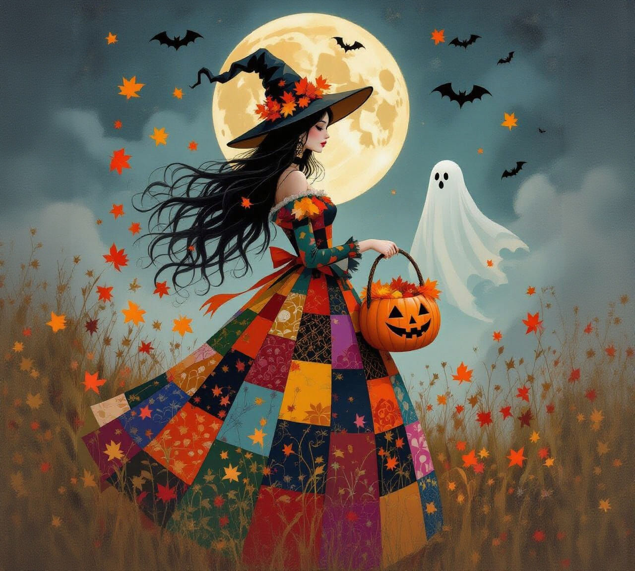 Witch with Patchwork Dress and Autumn Leaves