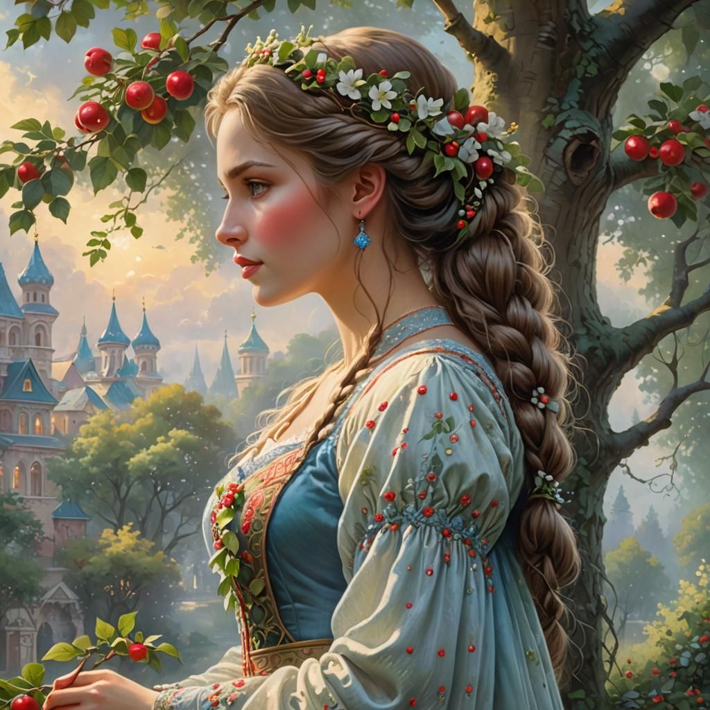 Princess in Russian Dress by Apple Tree