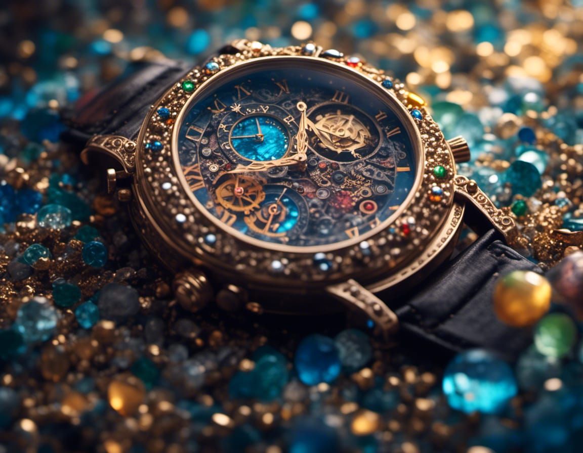 Gemstone Steampunk Watch in Hyperrealistic Splash Art