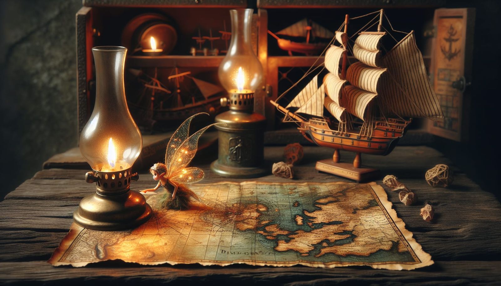 Vintage Cartography Map Glows with Whimsy on Rustic Wooden T...