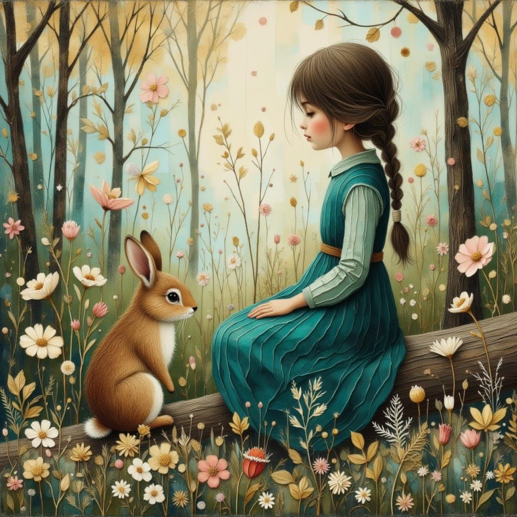 Girl in Spring Woodland with Braided Teal Hair