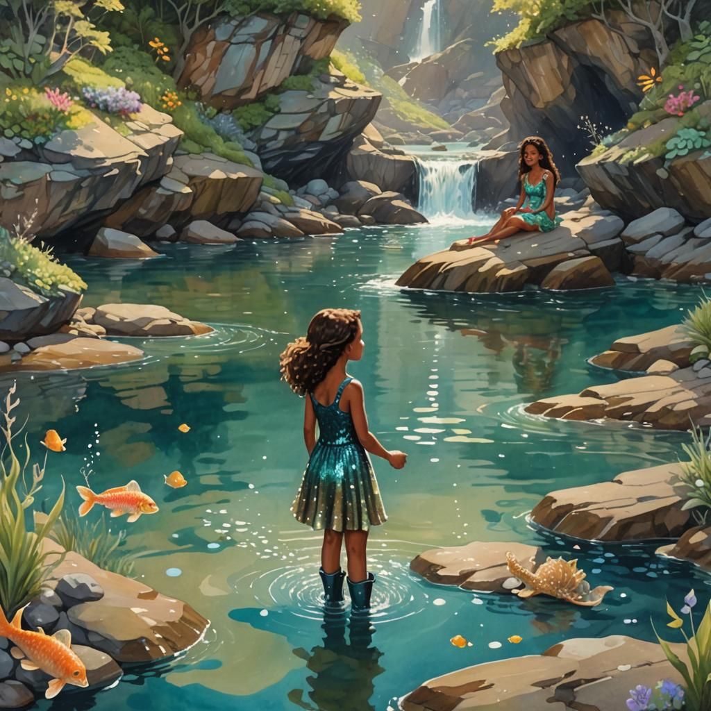 Girl and Mermaid in Glittering Cove: Gouache Painting