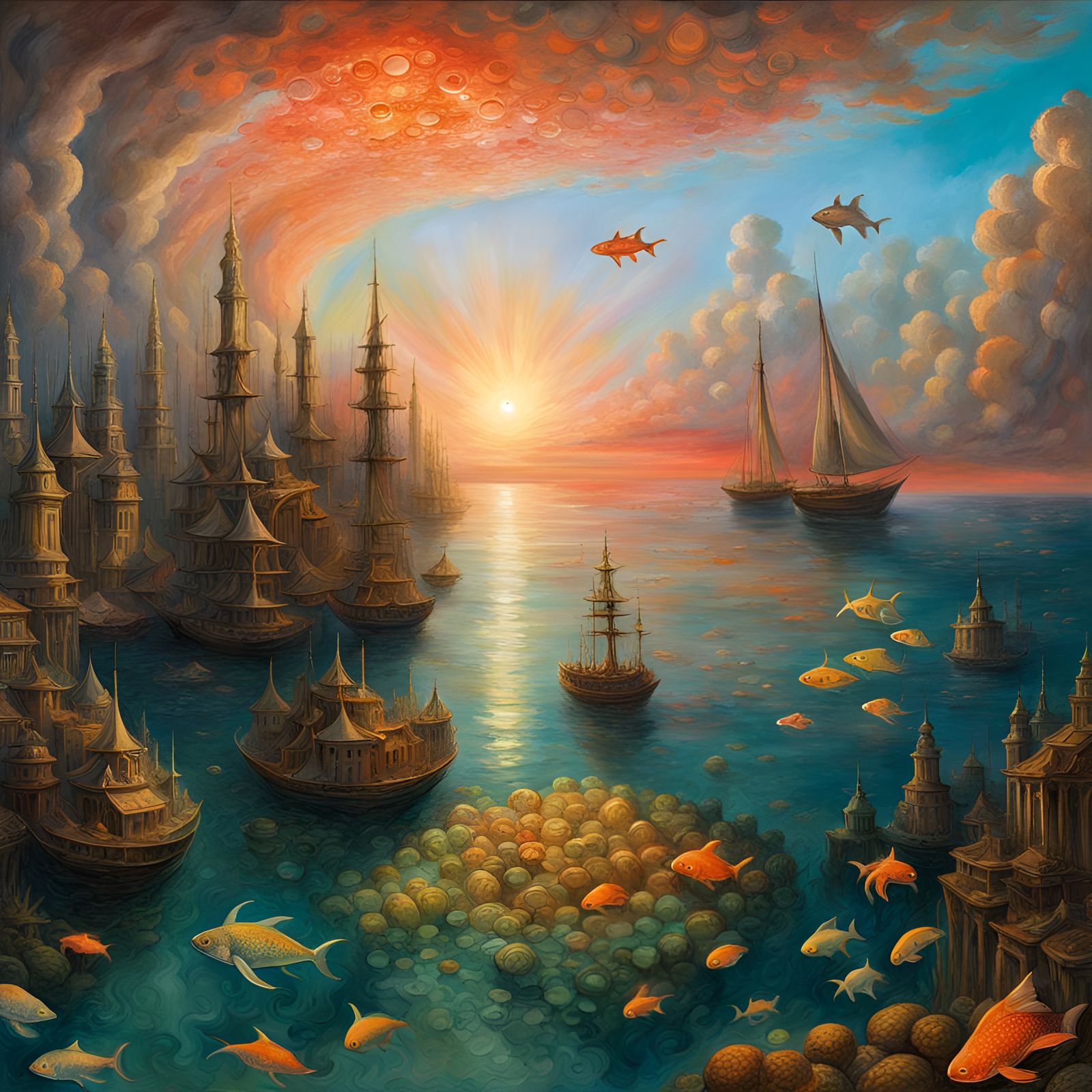 Underwater City at Sunset Inspired by Gustave Dore