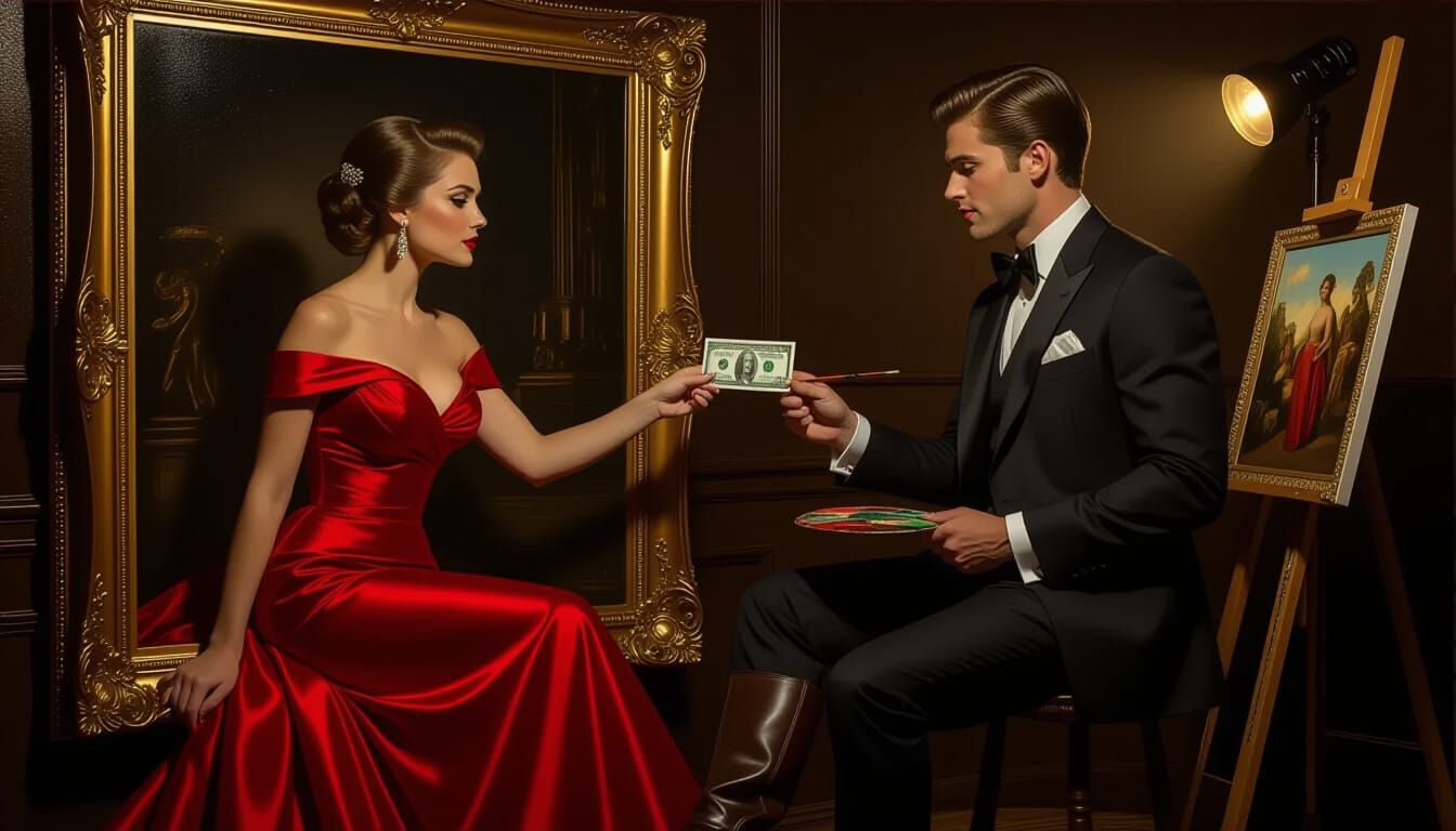 Elegant Woman Gifts Money to Painter in Dramatic Scene