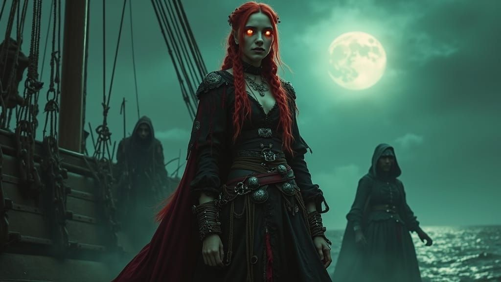 Gothic Pirate Queen on Ghost Ship in Art Nouveau Style