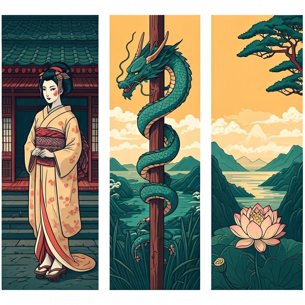 Ukiyo-e Geisha and Dragon Woodblock Prints