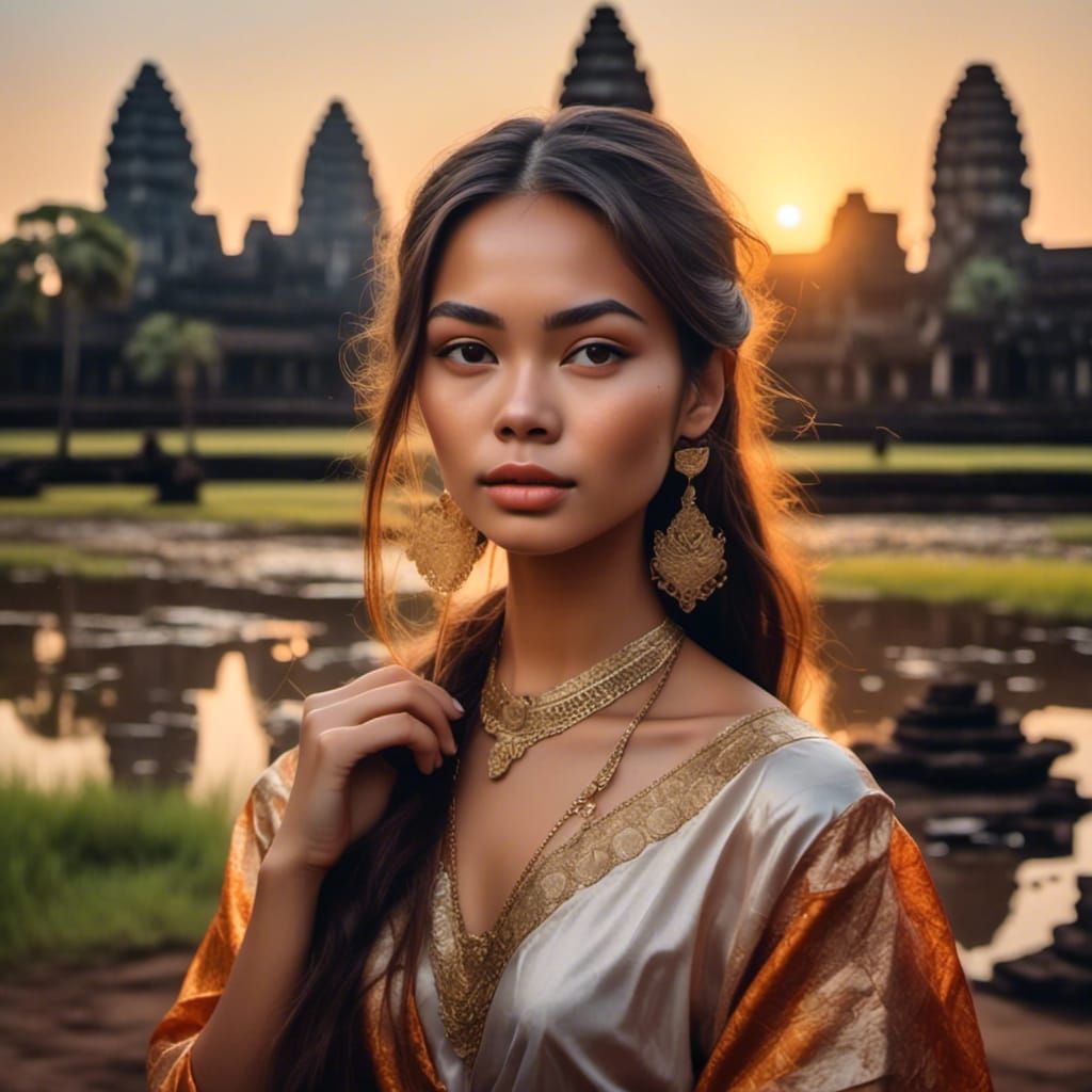 Cambodian Woman at Sunrise Near Angkor Wat