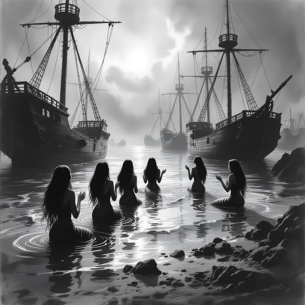 Ethereal Mermaids Singing by Skeletal Shipwrecks in Charcoal...