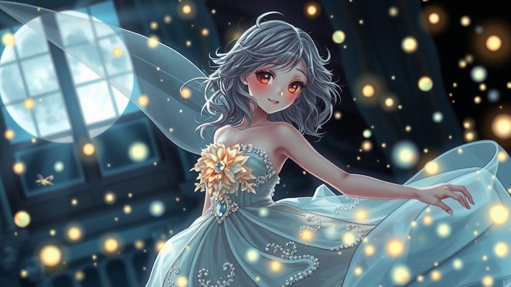 Anime Sylph in Opulent Ballroom with Fireflies