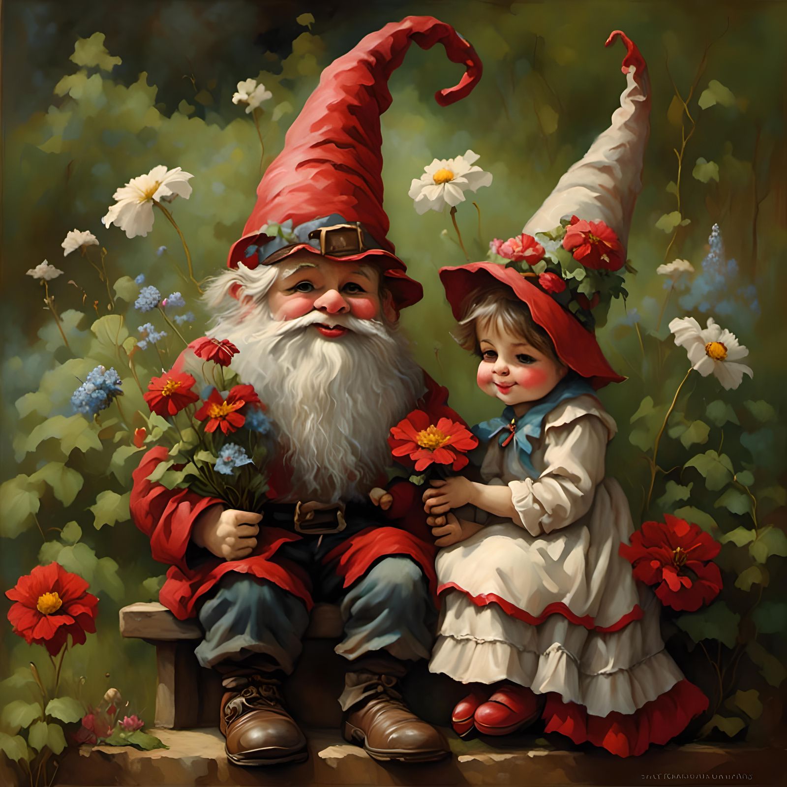 Cute happy gnome couple sitting on a bench in a garden wearing red conial hats.