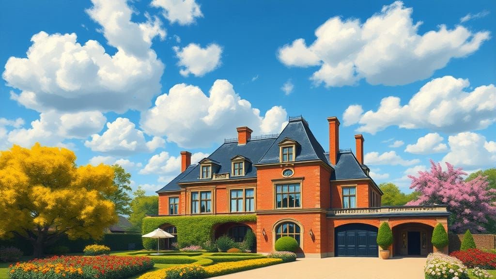 Brick Chateau with Vibrant Garden in Painterly Style