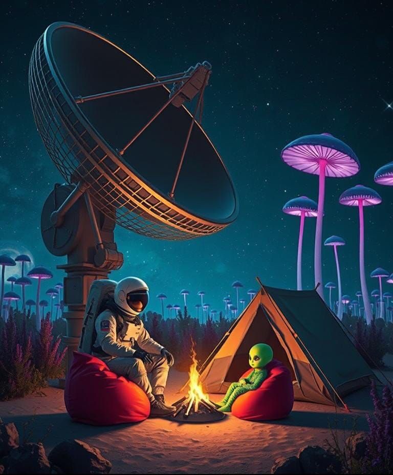 Astronaut and Alien Relaxing in Sci-Fi Wilderness
