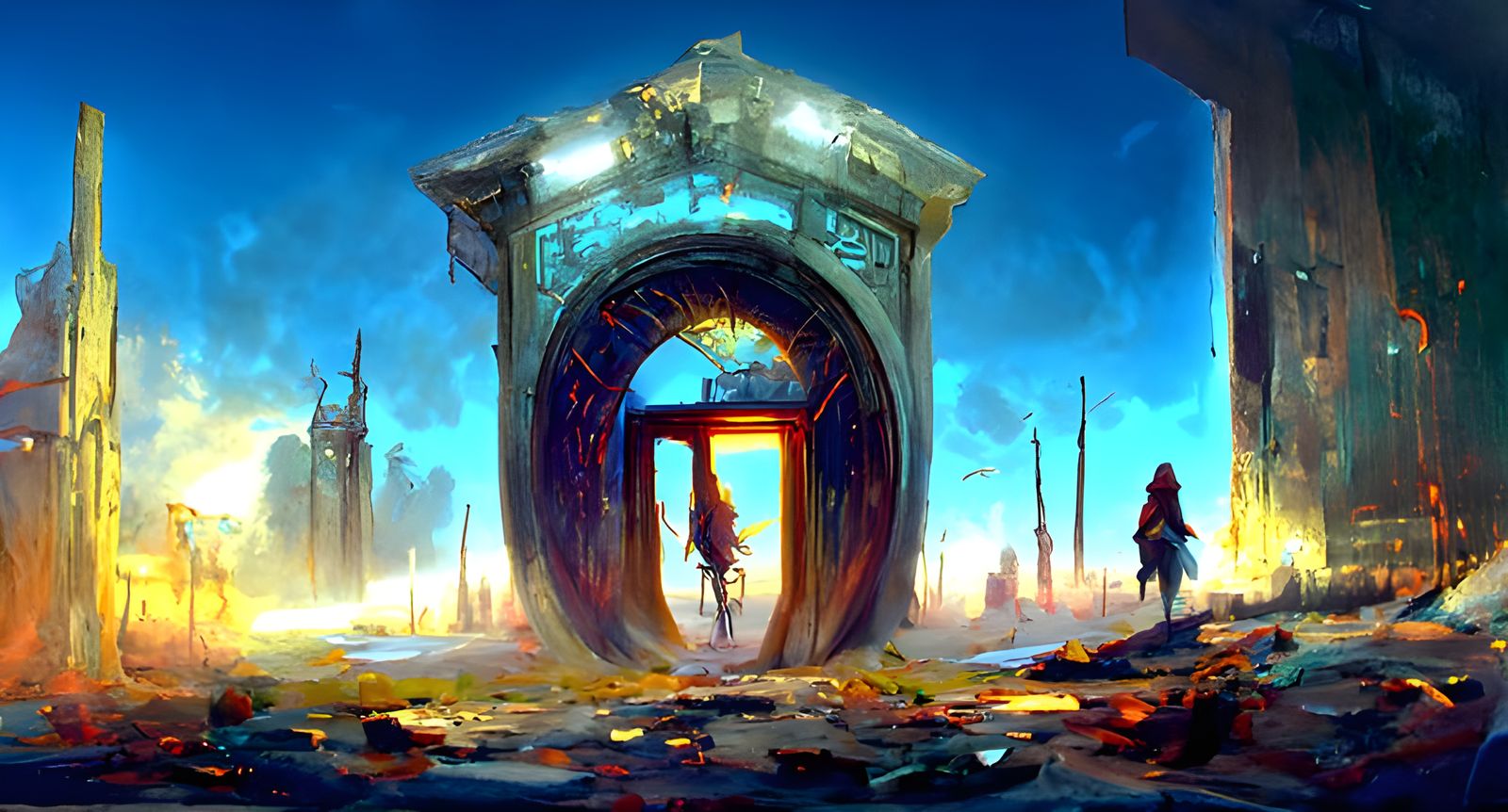 Secret Portal in Abandoned City at Dawn