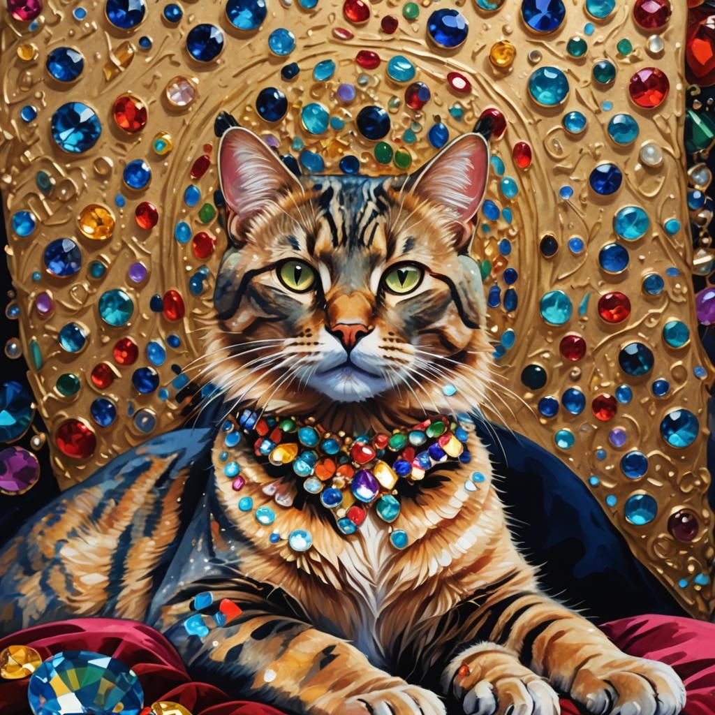Gem-Encrusted Royal Cat in Fauvist Oil Painting