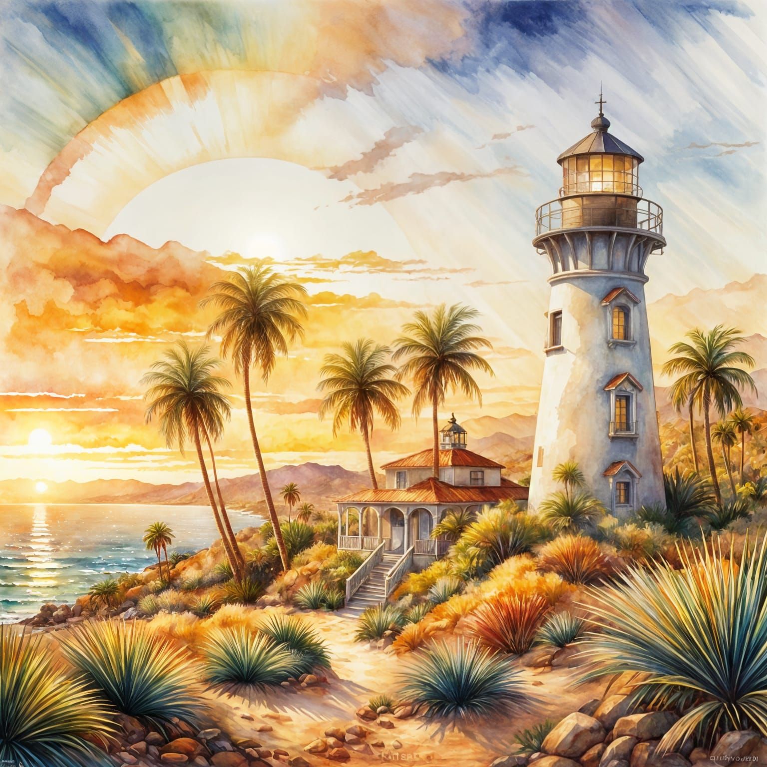 Baja Coast Lighthouse in Watercolor Painting