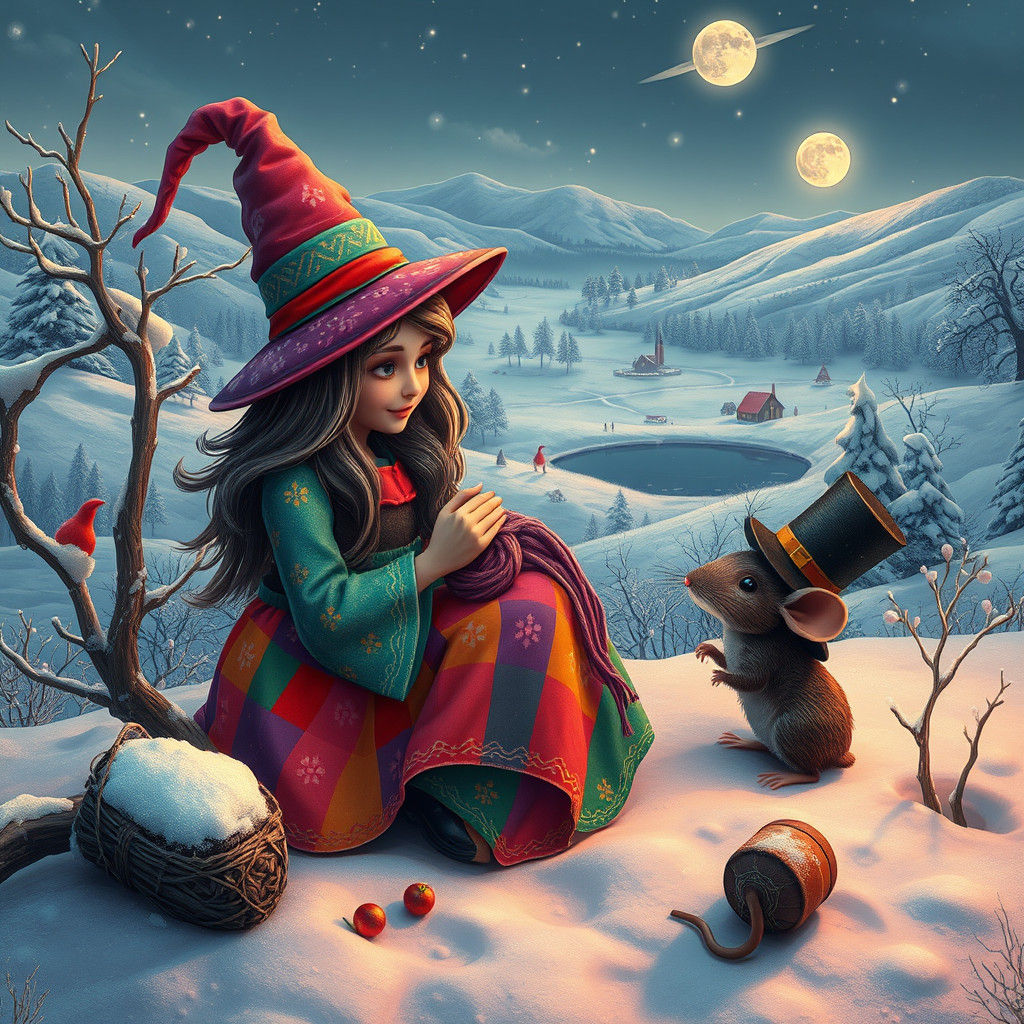 Whimsical Witch Knits for Mouse in Winter Landscape