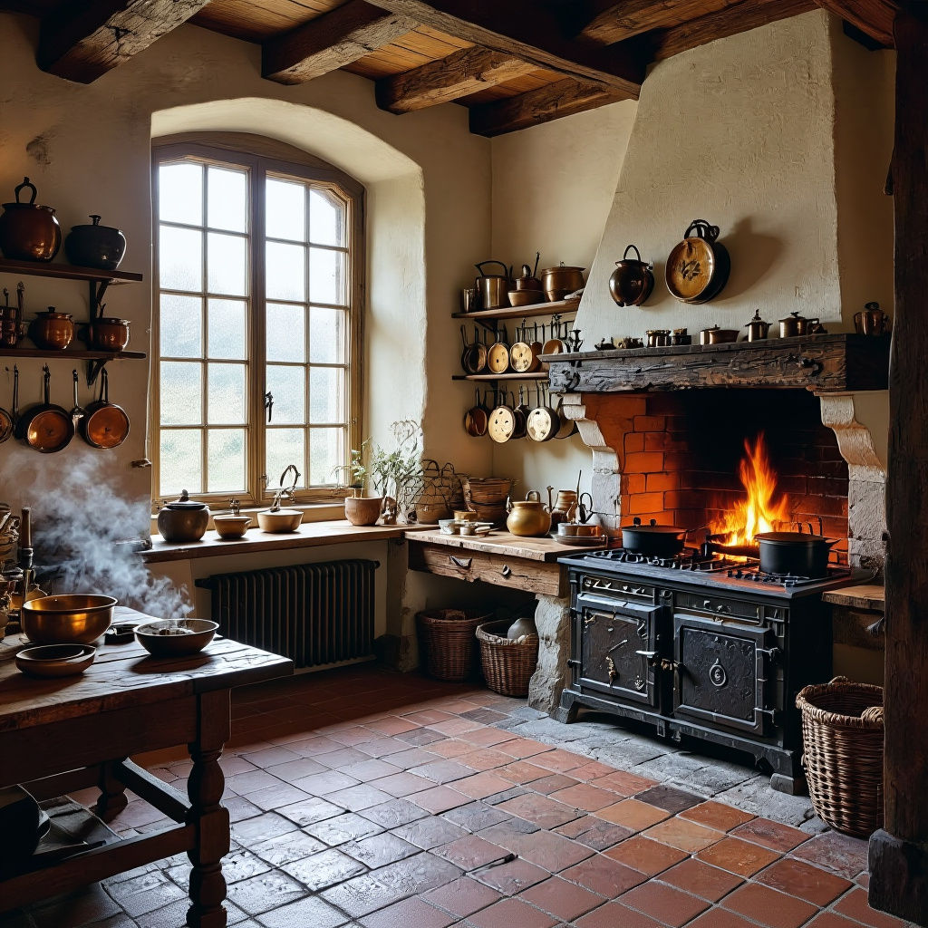 Medieval Kitchen Interior with Fireplace