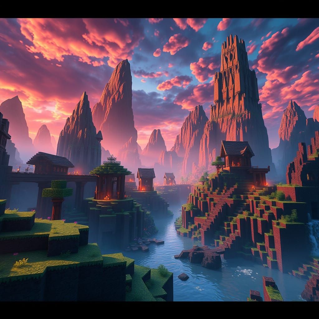Epic Fantasy Minecraft Landscape in Cyberpunk-Inspired Digit...