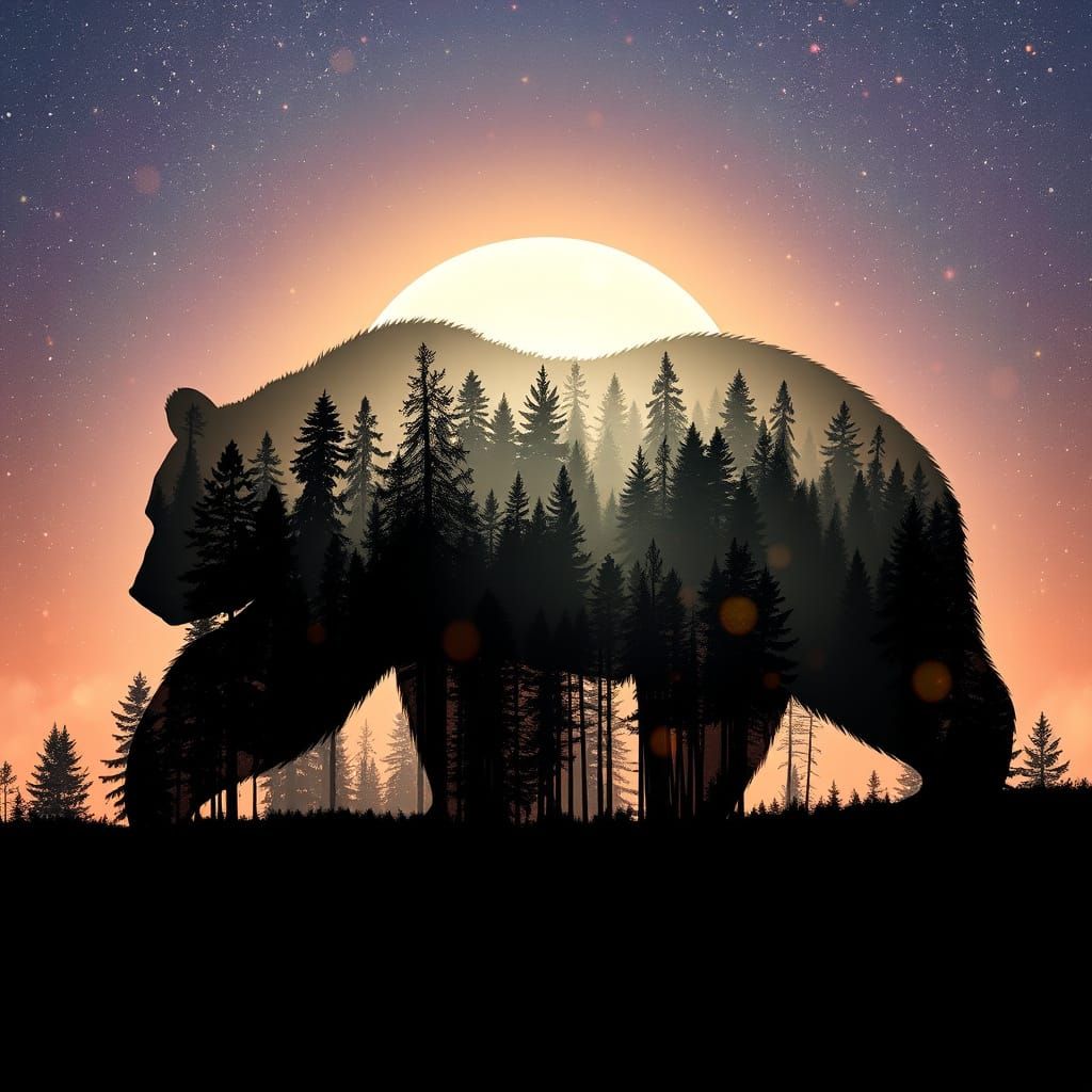 Grizzly Bear Forest Silhouette with Sparkling Glow