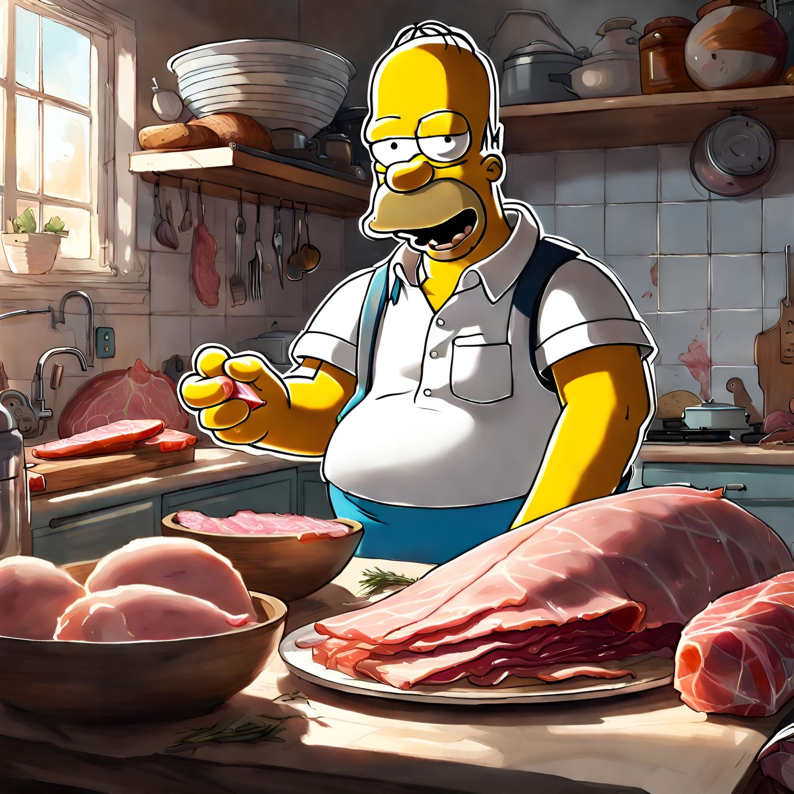 Homer Simpson Ham Kitchen Portrait in Digital Art Style