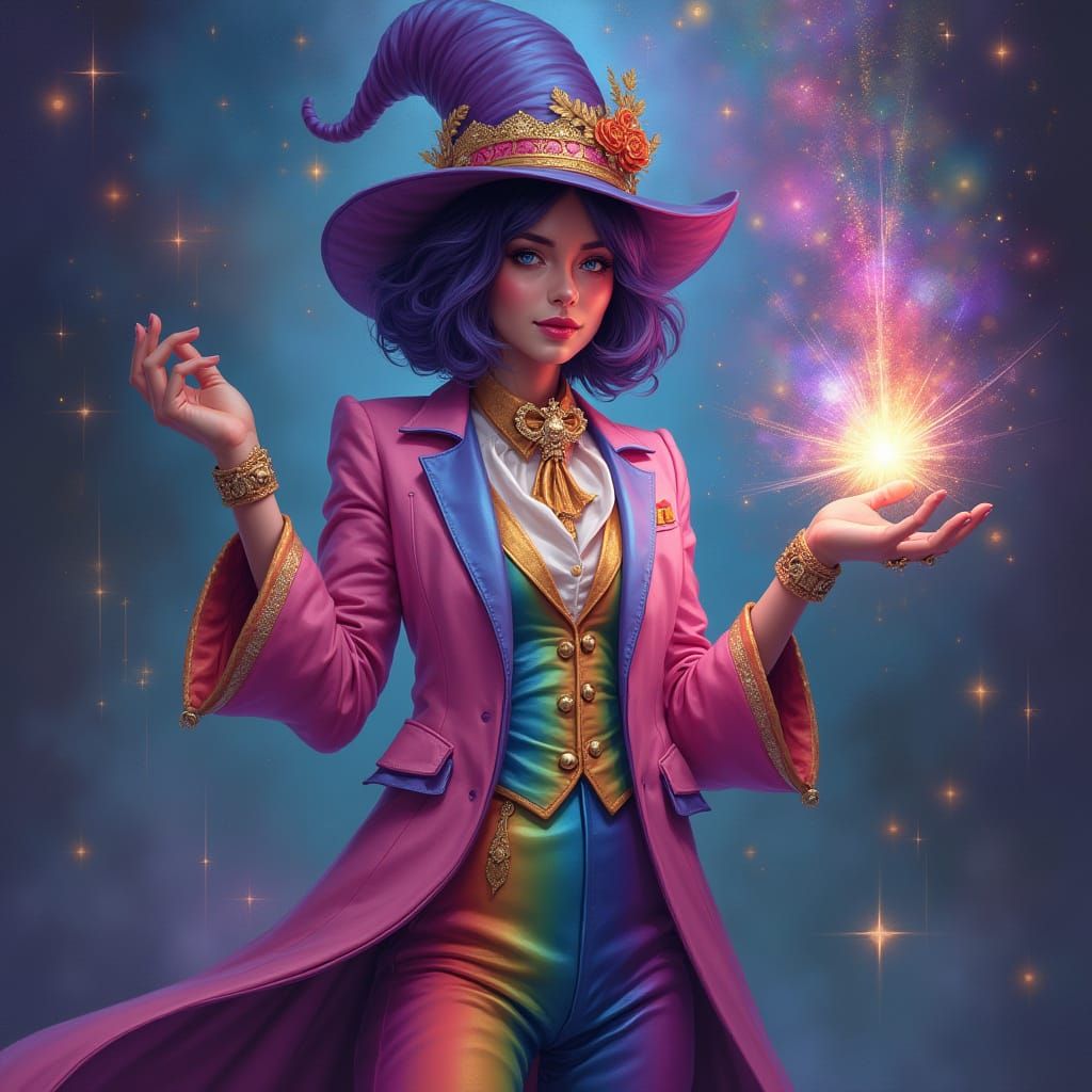 Mystical Wizardess in Vibrant Cosmic Attire