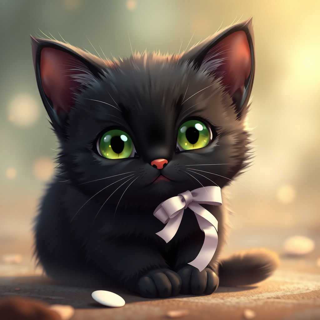 Chubby Kitten with Ribbon in 3D Anime Style