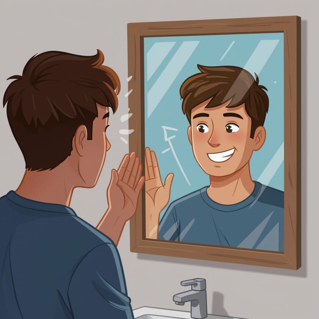 Struggle Against Smirking Reflection in Mirror