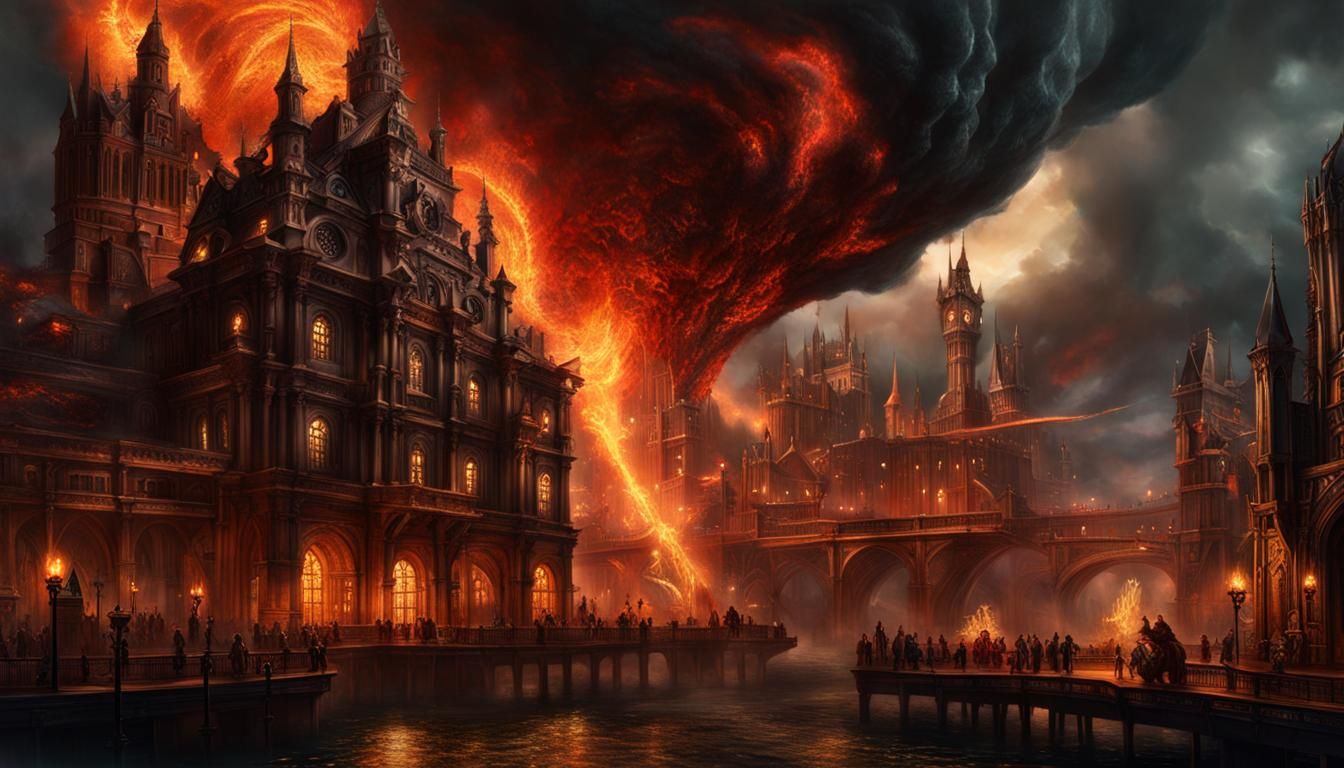 Fiery Steampunk Leviathan Over Gothic City