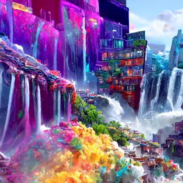 Vivid Floating City with Waterfall in Digital Art Style