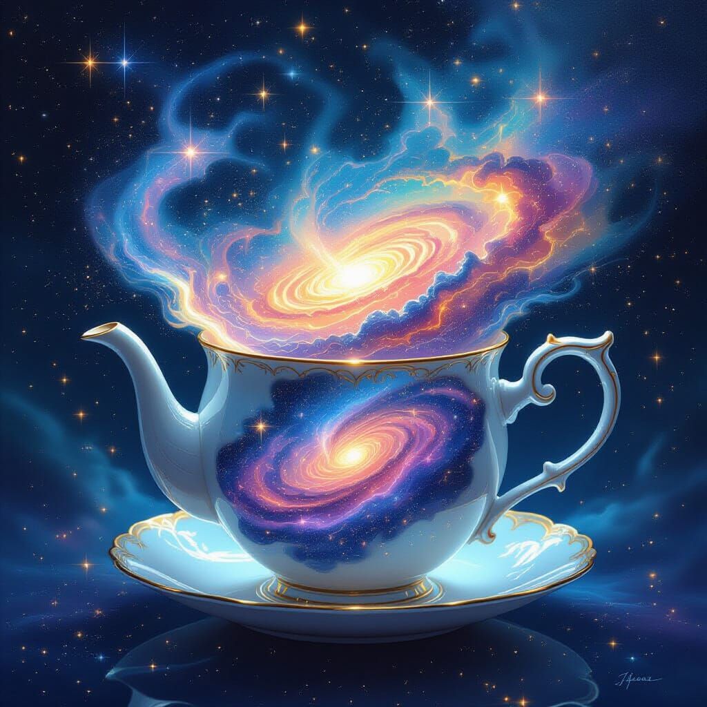 Celestial Being Holds Galaxy in Teapot