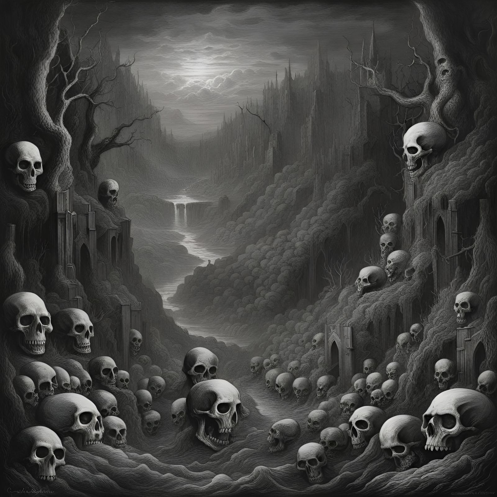 Monochrome Hellscape with Skulls and Celtic Patterns
