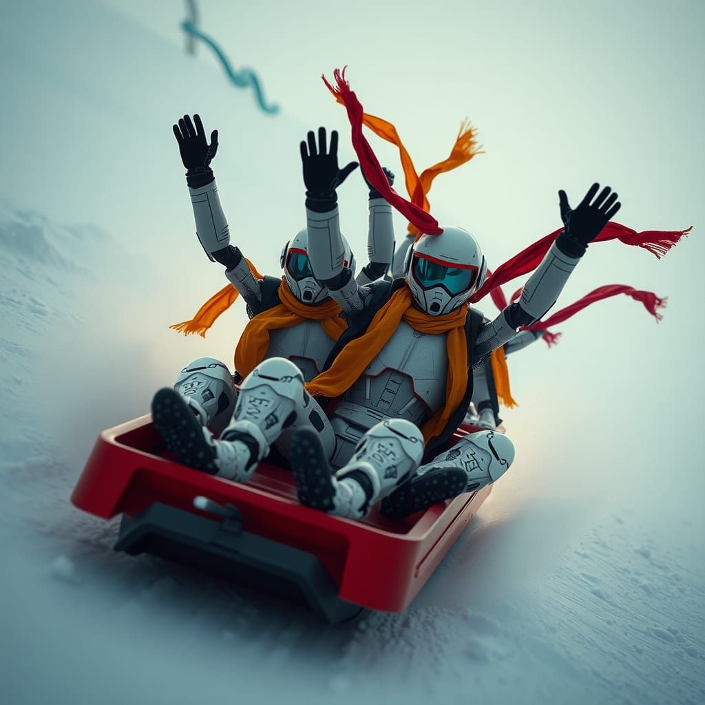 Robots Tobogganing Downhill in Cinematic Film Still