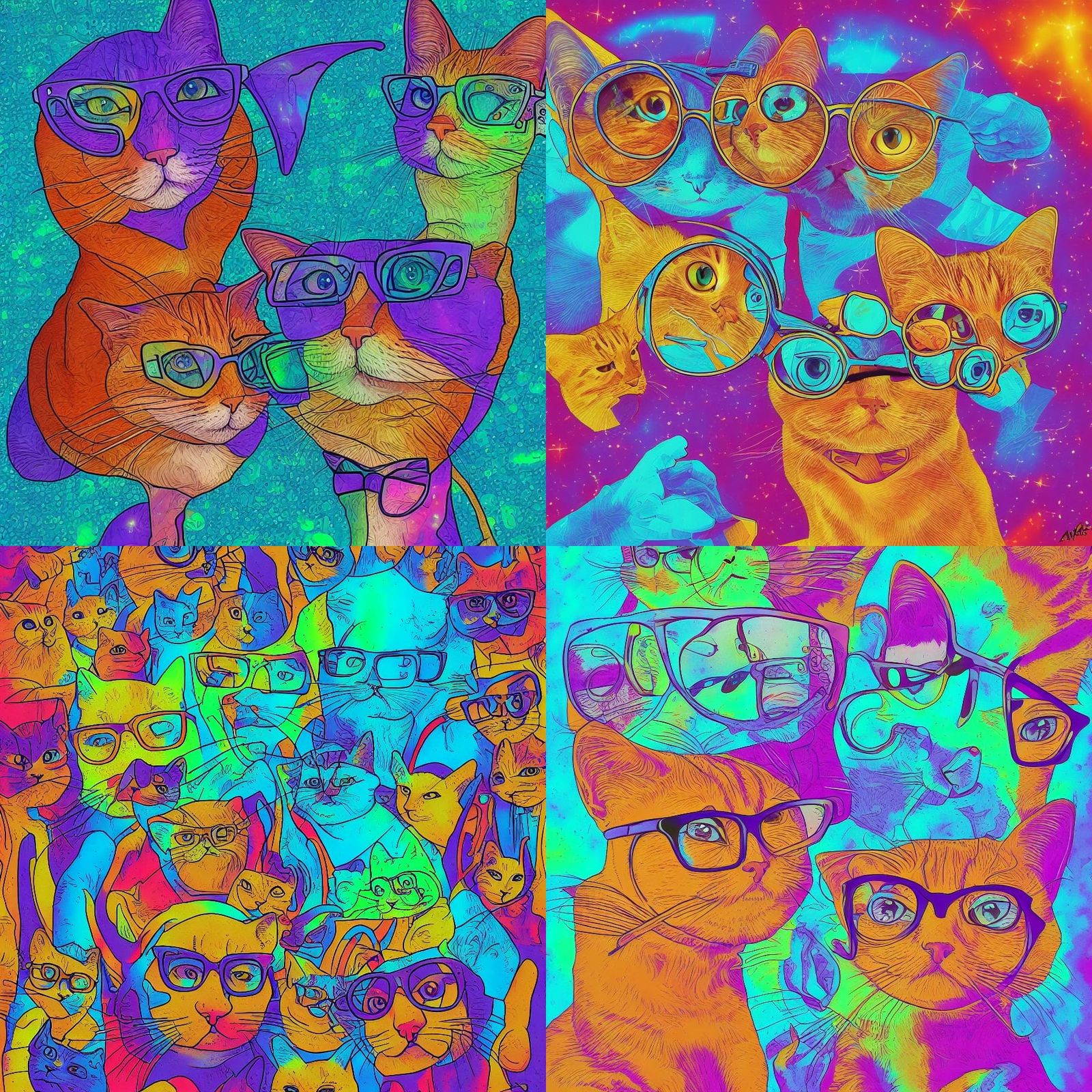 Cosmic Cats in Glasses: Holographic Astral Illustration